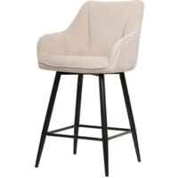 Tabouret de bar pivotant beige – Siège en tissu confortable avec accoudoirs – Pieds en métal noir – Hauteur assise 66 cm – Dimensions L. 54 x P. 59 x H. 98 cm
