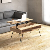 Table basse relevable 120x60 cm – 2 niches de rangement – Panneaux de particules – Pieds métal noir – Design moderne et minimaliste