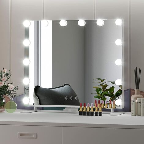 Miroir de courtoisie Hollywood avec 14 ampoules LED à intensité variable, commande tactile, 3 modes d'éclairage de couleur, miroir grossissant 10X, miroir de maquillage miroir cosmétique de table (60 x 50 cm)