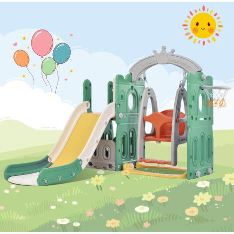 Toboggan 5 en 1 pour enfant avec balançoire, panier de basket, but de Toboggan 5 en 1 pour enfant avec balançoire, panier de basket, but de