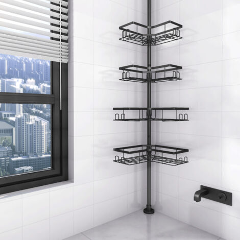 4-pièces Telescopique Etagere Douche - Etagere Douche Angle Etagere Angle Salle de Bain Etagere de Douche Sans Percage Support Savon Crochet Douche, Noir
