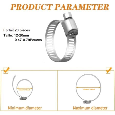 MINKUROW 20 Pièces Collier De Serrage Tuyau, Collier De Serrage Tuyau Réglable 12-20mm, 304 Collier De Serrage Inox, Collier Serrage Métallique, Pour Tuyau, Home Gaz, Famille Tuyau D'eau, Câble, Robin