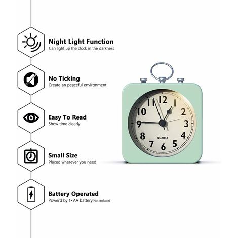 Réveil Analogique Silencieux Pour Enfant Et Adulte – Horloge De Chevet Métal Avec Veilleuse Douce, Grands Chiffres, Alarme 30 Min – Fonctionne Sur Pile AA