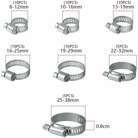 MINKUROW Collier De Serrage, Collier De Serrage Inox, 60 Pièces Collier Serrage Inox, 8-38mm 7 Tailles Différentes, Pour Piscines, Lave Linge, Lave Vaisselle, Conduites D'eau Domestiques