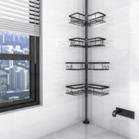 4-pièces Telescopique Etagere Douche - Etagere Douche Angle Etagere Angle Salle de Bain Etagere de Douche Sans Percage Support Savon Crochet Douche, Noir