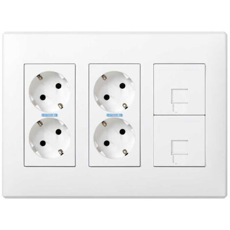 Caja con 4 schuko + 2 rj45, 500 cima superficie o empotrar blanca