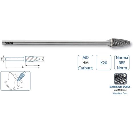 Fresa Rotativa Metal Duro Tipo F Ojiva Redondeada Larga - 9248 - 09,60X06,00 mm Dent.6 IZAR (1/2)