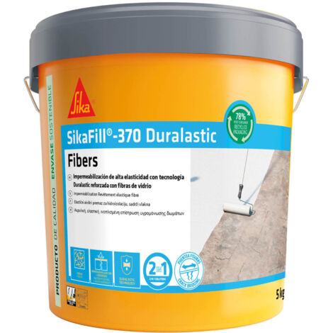 SIKA, Impermeabilización reforzada con fibra, SikaFill 370 Fibers, Gris, Pintura acrílica con fibras de vidrio para impermabilización de cubiertas y terrazas visitables, Puenteo de fisuras, 5kg