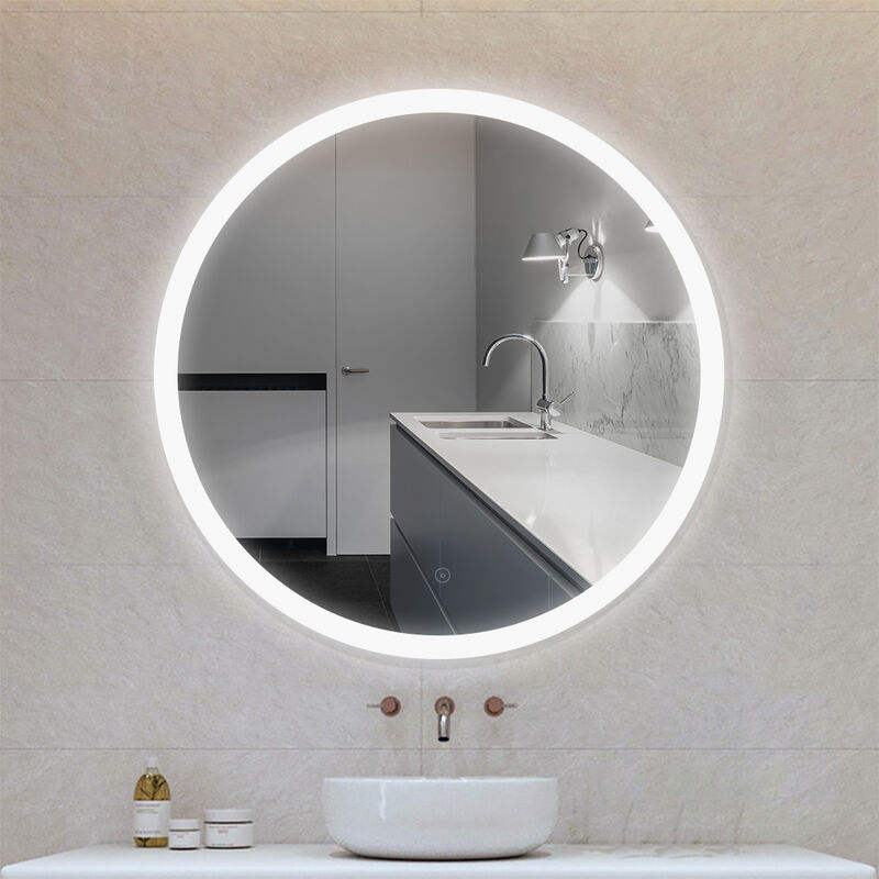 Espejo de Pared,Espejo de baño,con Control táctil + Antivaho, Blanco frío LED-Espejo, Espejo cosmético Redondo sin Marco,24W,60×60×4,5cm