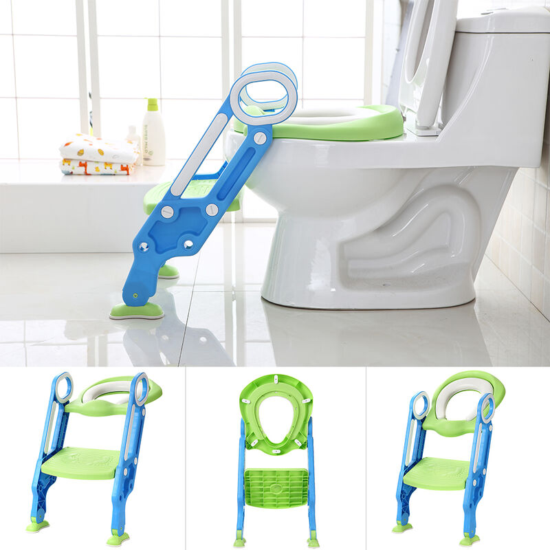 Adaptador WC Niños,Asiento de inodoro para niños, Asiento Inodoro Niños Ajustable Con Escalera,azul verde