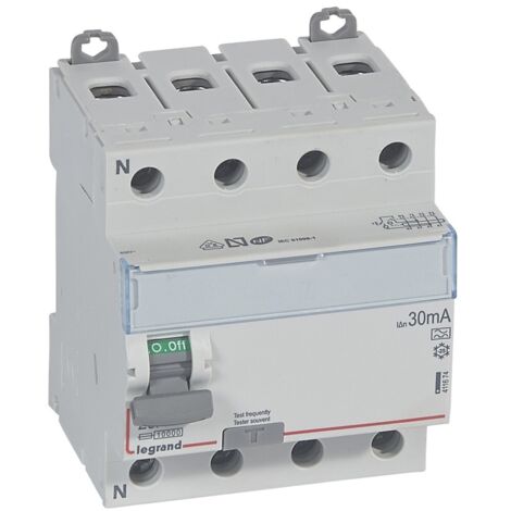 Interrupteur différentiel DX³-ID arrivée haute et départ bas à vis 4 Pôles 400V 25A type A 30mA 4 modules LEGRAND 411674
