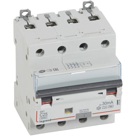 Disjoncteur différentiel monobloc DX3 10kA arrivée haute départ bas à vis 4 Pôles 400V 25A Type F 30mA LEGRAND 411246