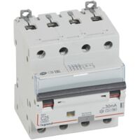 Disjoncteur différentiel monobloc DX3 10kA arrivée haute départ bas à vis 4 Pôles 400V 25A Type F 30mA LEGRAND 411246