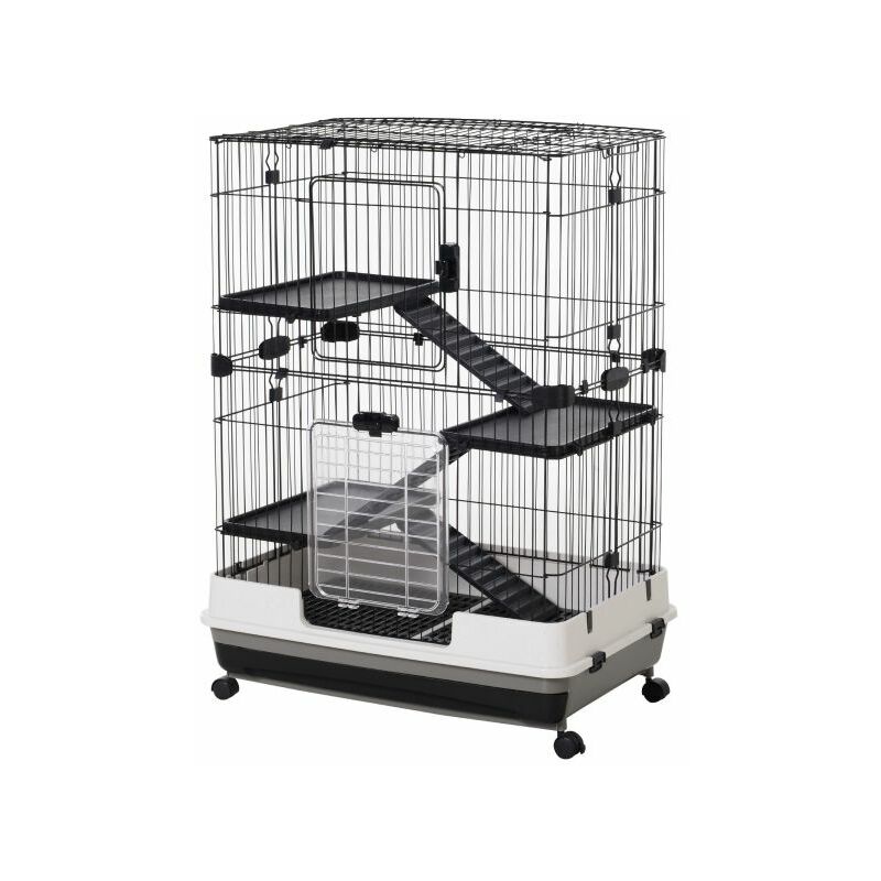 Gabbia 3 Piani PawHut Per Conigli E Furetti - 81.2x52.7x114cm Con Ruote, Nera