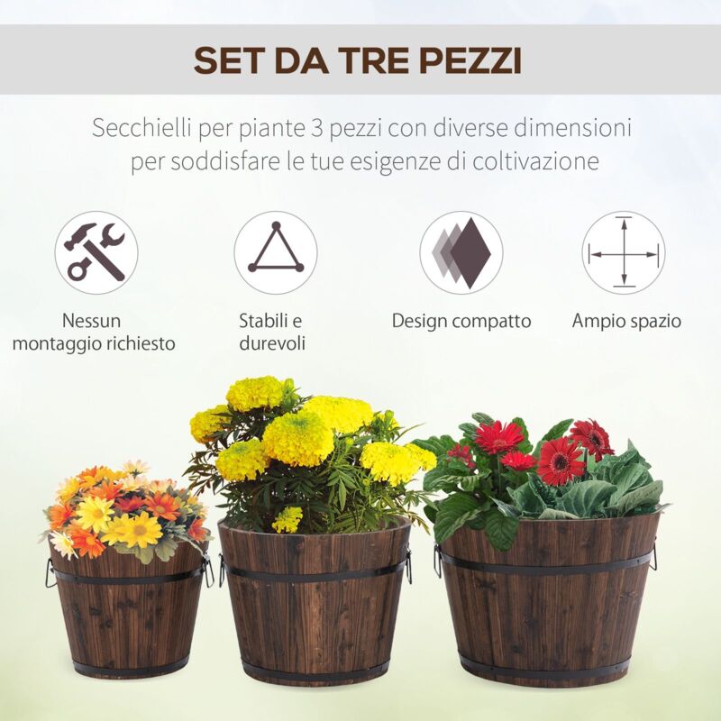 Outsunny Set di 3 Vasi Secchielli per Piante Fiori, Set Vasi da