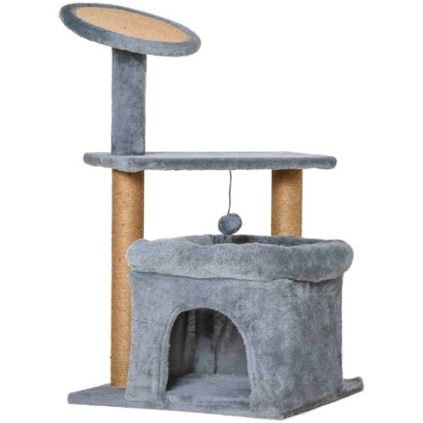 easycomfort tiragraffi per gatti con pali in juta, casetta e cuscino, rivestimento peluche, altezza 84cm, grigio (1/5)