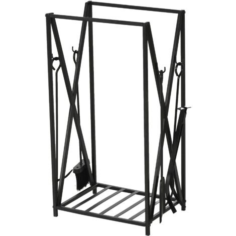 easycomfort portalegna da interno ed esterno in acciaio, porta legna per camino con attizzatoio paletta scopino pinza 46x30x76cm - nero (1/5)