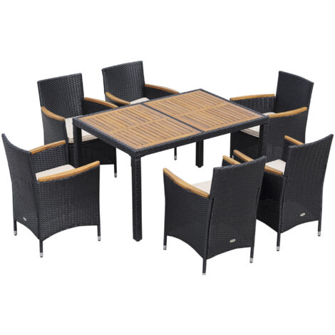 easycomfort set tavolo e sedie da giardino 7 pezzi in pe rattan e legno con cuscini morbidi, nero