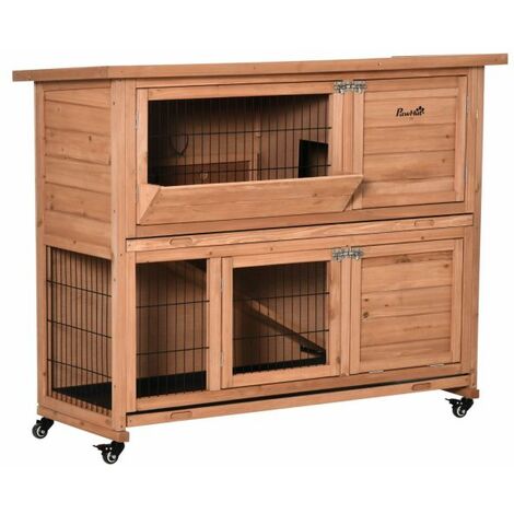 EASYCOMFORT Conigliera in Legno a 2 Livelli con Ruote, Vassoio Estraibile e Rampa, 122x50x101cm