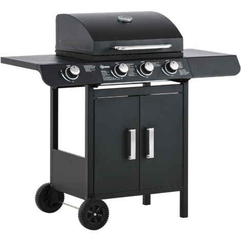 easycomfort barbecue a gas con coperchio, 4 bruciatori da 11.6kw, fornello, mensola e 2 ruote, 110x50x100cm nero (1/5)