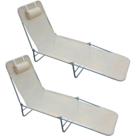 easycomfort set 2 lettini prendisole pieghevoli con schienale reclinabile a 4 livelli, metallo e tessuto a rete, beige (1/5)