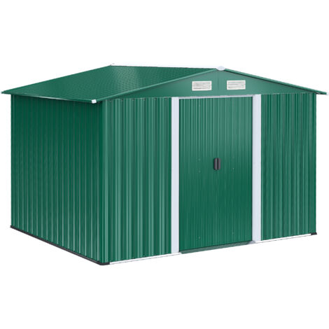 easycomfort casetta da giardino porta utensili in lamiera di acciaio, capanno da giardino in acciaio con base e porte scorrevoli, 258x206x178cm, verde