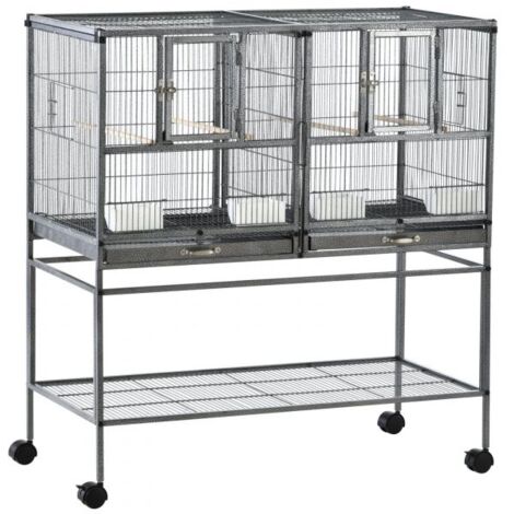 EASYCOMFORT Doppia Gabbia per Uccelli in Metallo con Vassoi Estraibili, Supporto con 4 Ruote e Ripiano, 95x45.5x102cm, Grigio