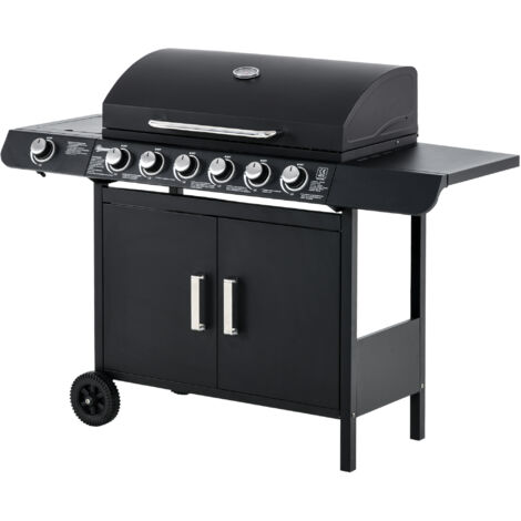 Easycomfort Barbecue a Gas con Coperchio, 7 Bruciatori da 20kW, Fornello Laterale e 2 Ruote, 135x50x100cm Nero