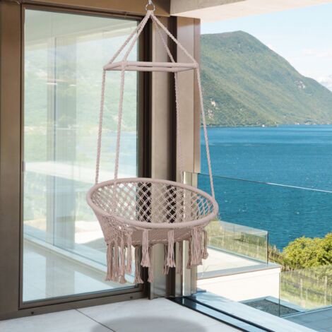 Amaca Sedia Sospesa ad Altalena in Legno e Corda di Cotone Beige 80x140 cm