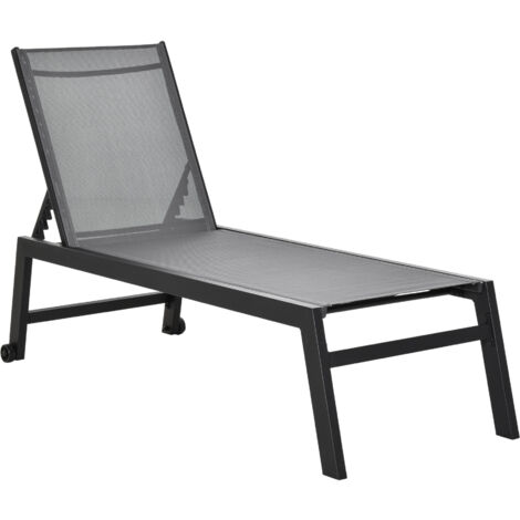 easycomfort lettino sdraio prendisole in alluminio e texteline schienale regolabile, grigio e nero, 2 ruote 169x65x102cm