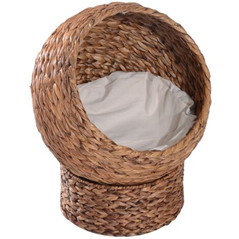 easycomfort cuccia rialzata per gatti in vimini, con cuscino in cotone, marrone e bianco, 42 x 33 x 52cm
