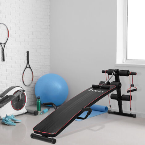 easycomfort panca multifunzione per allenamento a casa, panca addominali inclinazione con vogatore a molla e schienale regolabile e 2 corde elastiche, 55.5 x 137.5 cm nero