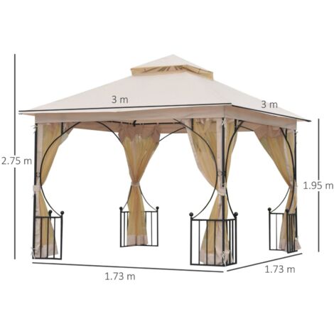easycomfort gazebo da giardino 3x3m in metallo con zanzariere e tettuccio in poliestere, beige