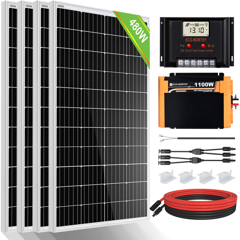ECO-WORTHY 2kWh solaranlage 480W 12V Solarpanel Kit mit Wechselrichter Solarmodul  System für netzunabhängige Wohnmobile:4 Stücke 120W Solarmodul + 60A  Laderegler + 1100W 12V Solar Wechselrichter