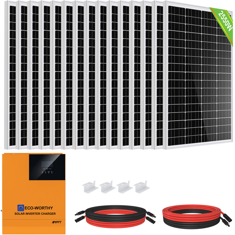 ECO-WORTHY 10.2kWh Solaranlange 2500W 48V Solarpanel Off Grid Kit für  Wohnmobile/Privathaushalte: 15 Stücke 170W Solarpanel + 5000W 48V  All-in-One Solar Wechselrichter