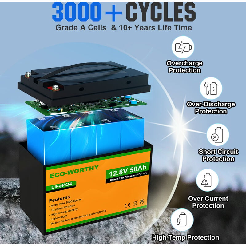 ECO-WORTHY 12V 50Ah LiFePO4 Akku Lithium batterie wiederaufladbar mit über  3000 Mal Tiefzyklus und BMS-Schutz für Wohnmobile, Boote, Solaranlagen,  Windanlagen, industrielle Anwendungen & Rollstuhl