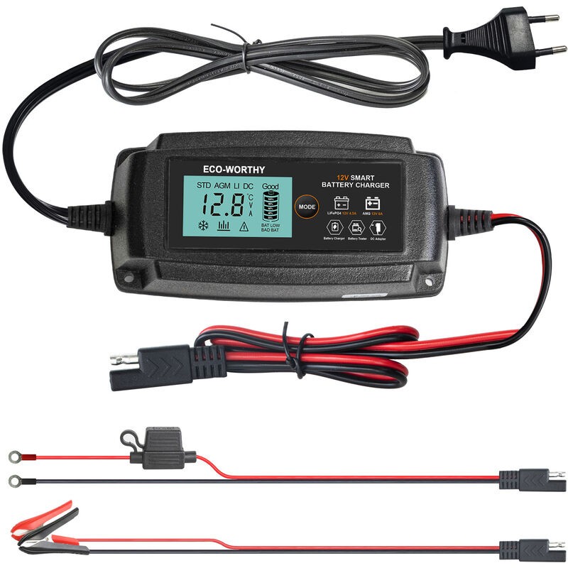 ECO-WORTHY 12V 5A LiFePO4 Batterieladegerät mit intelligenter Erkennung und  SAE-Anschluss ist Plug-and-Play-Laden und Warten für Autos, Motorräder,  Rasenmäher, Wasserfahrzeuge und mehr.