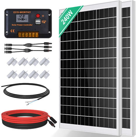 ECO-WORTHY 240W Solarpanel kit Off-Grid System: 2 Stücke 120W monokristalline Solarmodule mit 30A LCD Laderegler + Solarkabel + Montageklammern für Wohnmobil, Camping