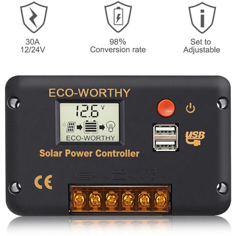 ECO-WORTHY 30A 12V/24V Solar Laderegler Intelligenter Regler mit Dual USB  Port Solar Batterie Controller