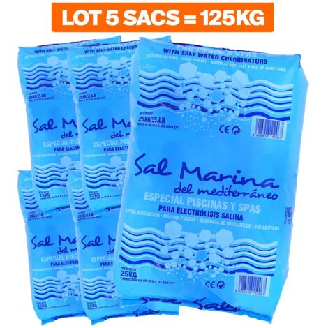 PAQUETE DE 5 BOLSAS DE 25KG DE SAL FINA PARA PISCINAS DE DISOLUCIÓN RÁPIDA NORMA 16401 CONFORME A LA NORMA EUROPEA (1/5)