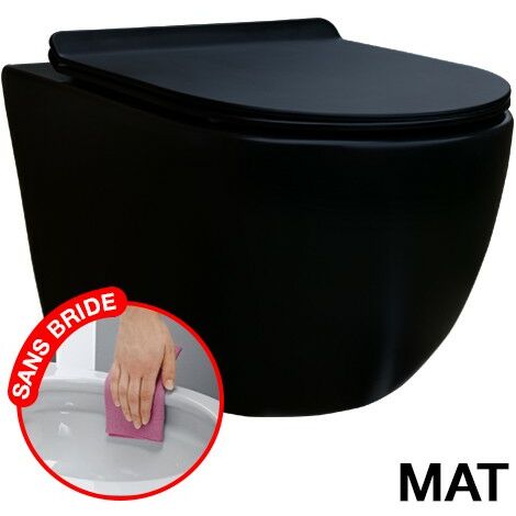 COMFORT - Inodoro suspendido negro mate sin reborde con fijaciones invisibles + asiento extraíble ultrafino + freno de caída