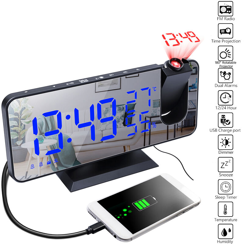 Reloj despertador de proyeccion digital con superficie de espejo 4 en 1 Reloj de proyector de 180 grados Temperatura interior Monitor de humedad Radio FM Cargador de telefono Pantalla LED ℃ / ℉ Seleccionable para dormitorio Sala de ninos Sala de estar Oficina,Fuentes negras, azules