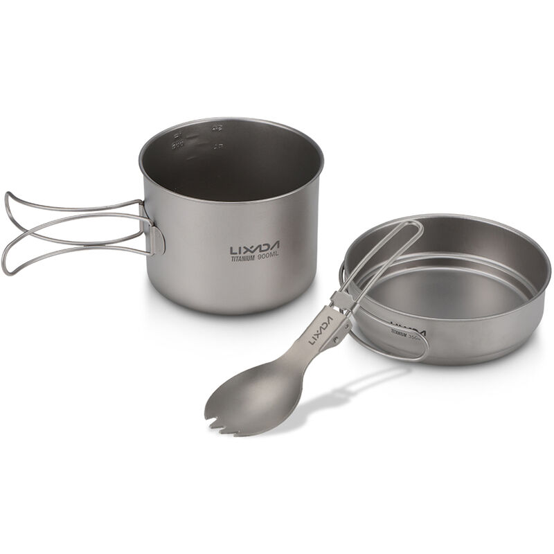 Lixada - Juego de utensilios de cocina de titanio ultraligero para acampar al aire libre, olla de 900 ml / 1100 ml, sarten de 350 ml con spork plegable para viajes, camping, mochilero, picnic,Olla de 900ml y sarten y spork de 350ml