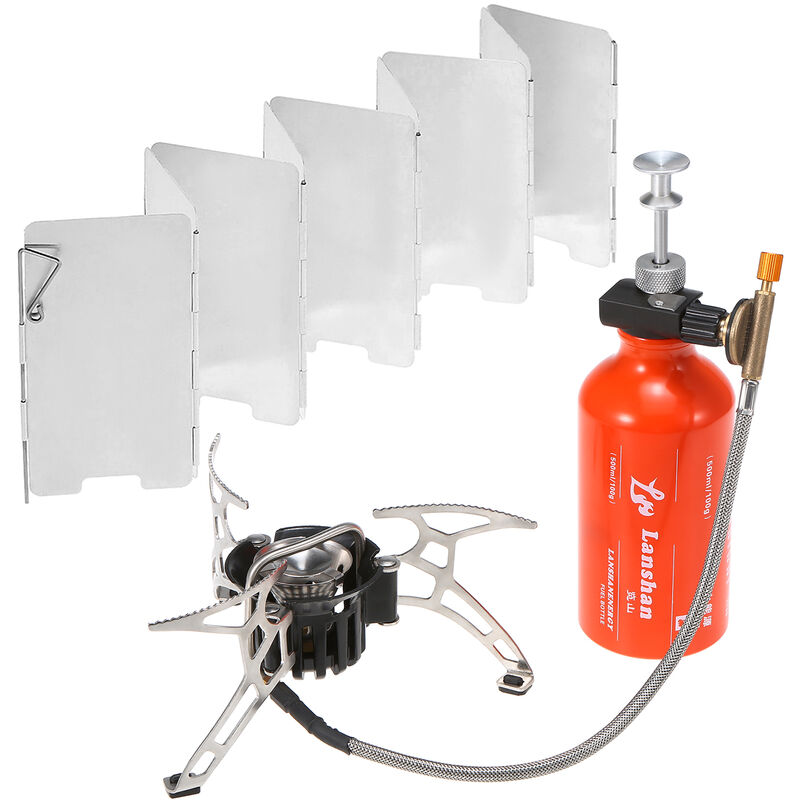 Estufa de aceite combustible multiple para acampar al aire libre Lixada con botella de combustible de gasolina de 500 ml y parabrisas de estufa de campamento de 9 placas para alcohol diesel