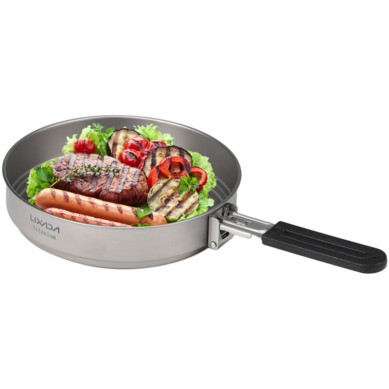 Lixada 1100ml Sarten de titanio Sarten ultraligera para parrilla con asa plegable para cocinar al aire libre Camping Senderismo Mochilero