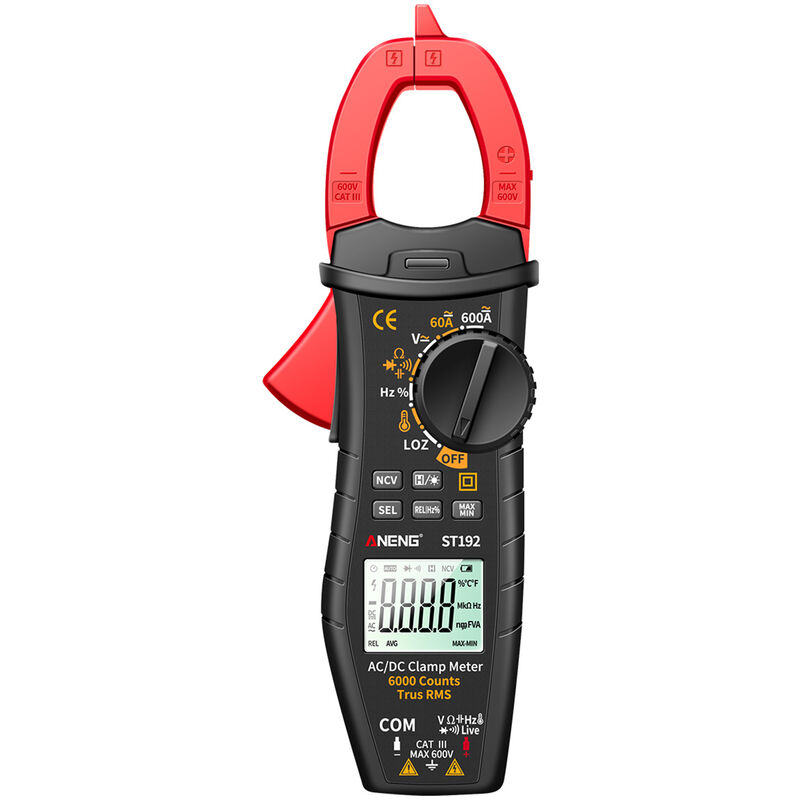 ANENG ST192 600A DC AC Pinza amperimetrica 6000 recuentos Multimetro digital de rango automatico Pantalla LCD Detector de corriente de voltaje Pluma Medicion de temperatura Linterna LED Medidor de voltaje multifuncion Resistencia de continuidad Prueba de frecuencia