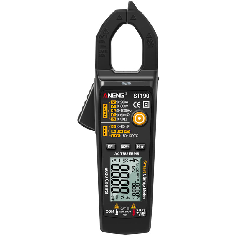 ANENG ST190 Medidor de pinza inteligente 6000 cuentas Multimetro digital de rango automatico Pantalla LCD Voltaje CA CC Detector de corriente CA Pluma Medicion de temperatura Linterna LED Medidor de voltaje multifuncion Resistencia de continuidad Prueba de frecuencia con zumbador de alarma,Negro