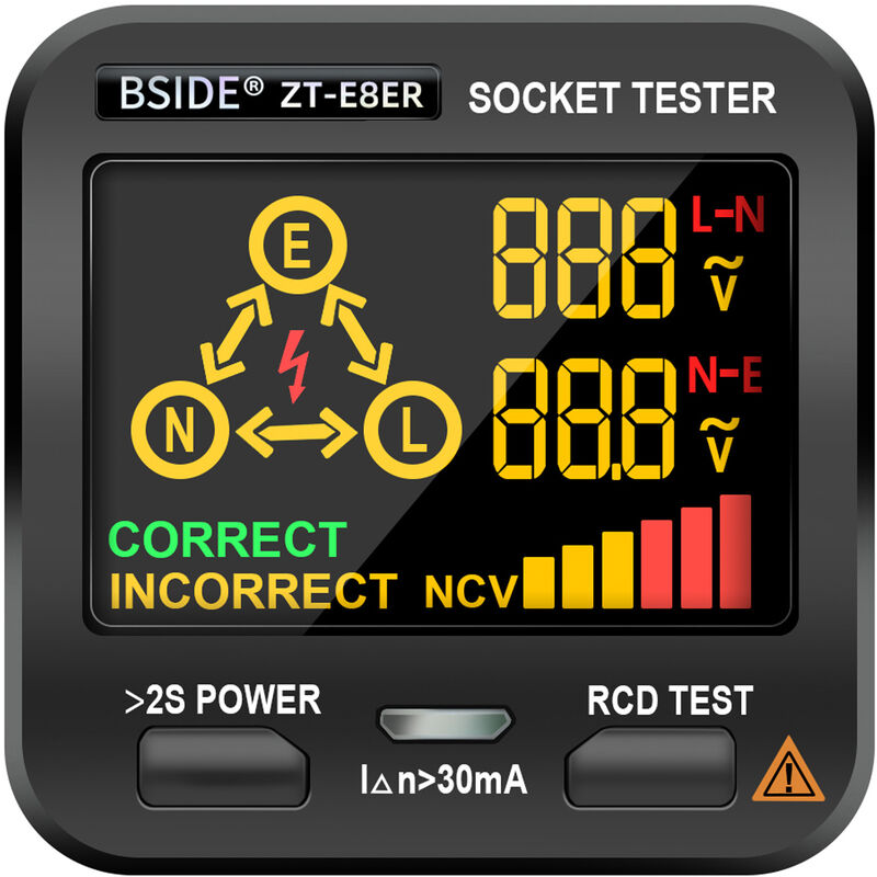 BSIDE Probador de enchufes electricos Probador de salidas Pantalla LCD digital con prueba NCV Prueba de RCD Prueba de polaridad Circuito electrico Polaridad Detector de voltaje Hogar Escuela Oficina Laboratorio Inspeccion de seguridad de fabrica