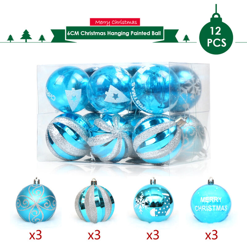 Bola colgante navidena Bola pintada 6cm 12PCS para adornos navidenos Decoracion del arbol de navidad Deco Fiesta en casa Uso diario Regalo presente Festival Vacaciones Inauguracion de una casa Portatil,Lago azul