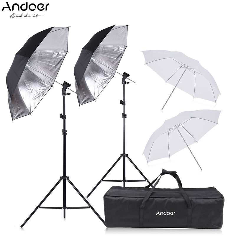 Andoer Off Camera Flash Speedlight doble Montaje en zapata Kit de paraguas suave giratorio 2 * 2m Soporte de luz +2 * 83cm Paraguas blanco translucido +2 * 83cm Paraguas negro y plateado +2 * Soportes tipo B de montaje en zapata para flash Speedlite +1 Bolsa de transporte para Canon Nikon YONGNUO Flash de zapata de Neewer